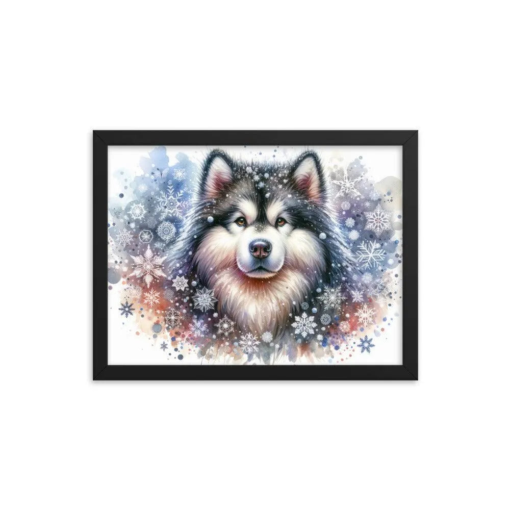 Snowy Flurries Alaskan Malamute Watercolor Framed Poster - Oh Posters