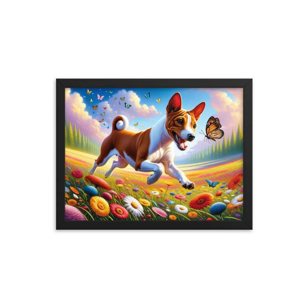 Energetic Basenji Dog Chasing Butterfly in Vibrant Meadow Landscape Framed Poster - Oh Posters