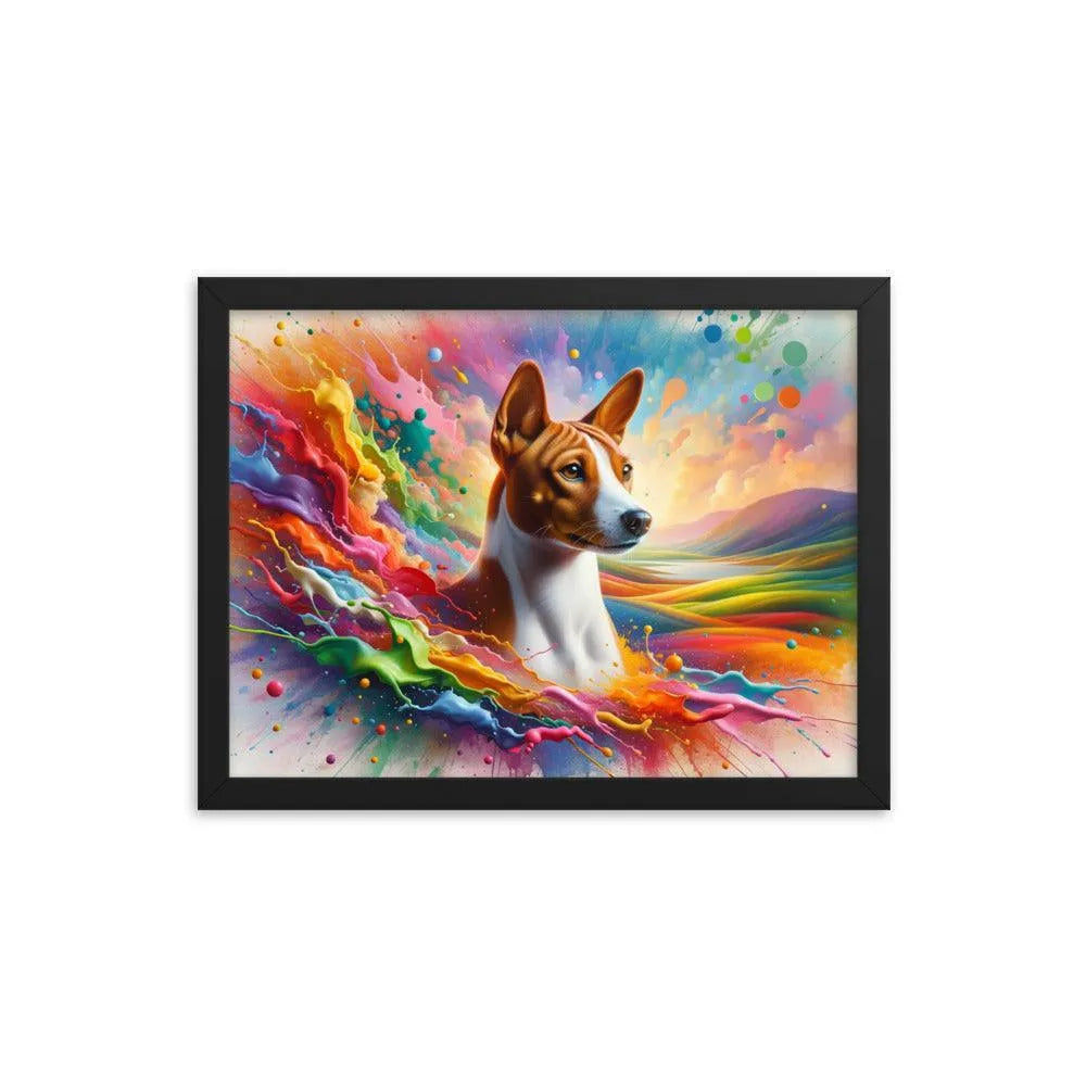 Realistic Basenji Dog Amidst Rainbow Splatter Framed Poster - Oh Posters