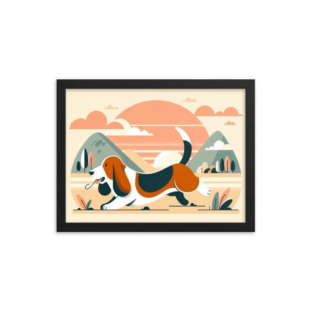 Joyful Basset Hound's Tail Chase Flat Art Framed Poster - Oh Posters