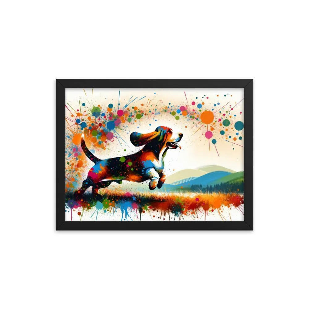 Joyful Basset Hound Playful Splatter Art Framed Poster - Oh Posters