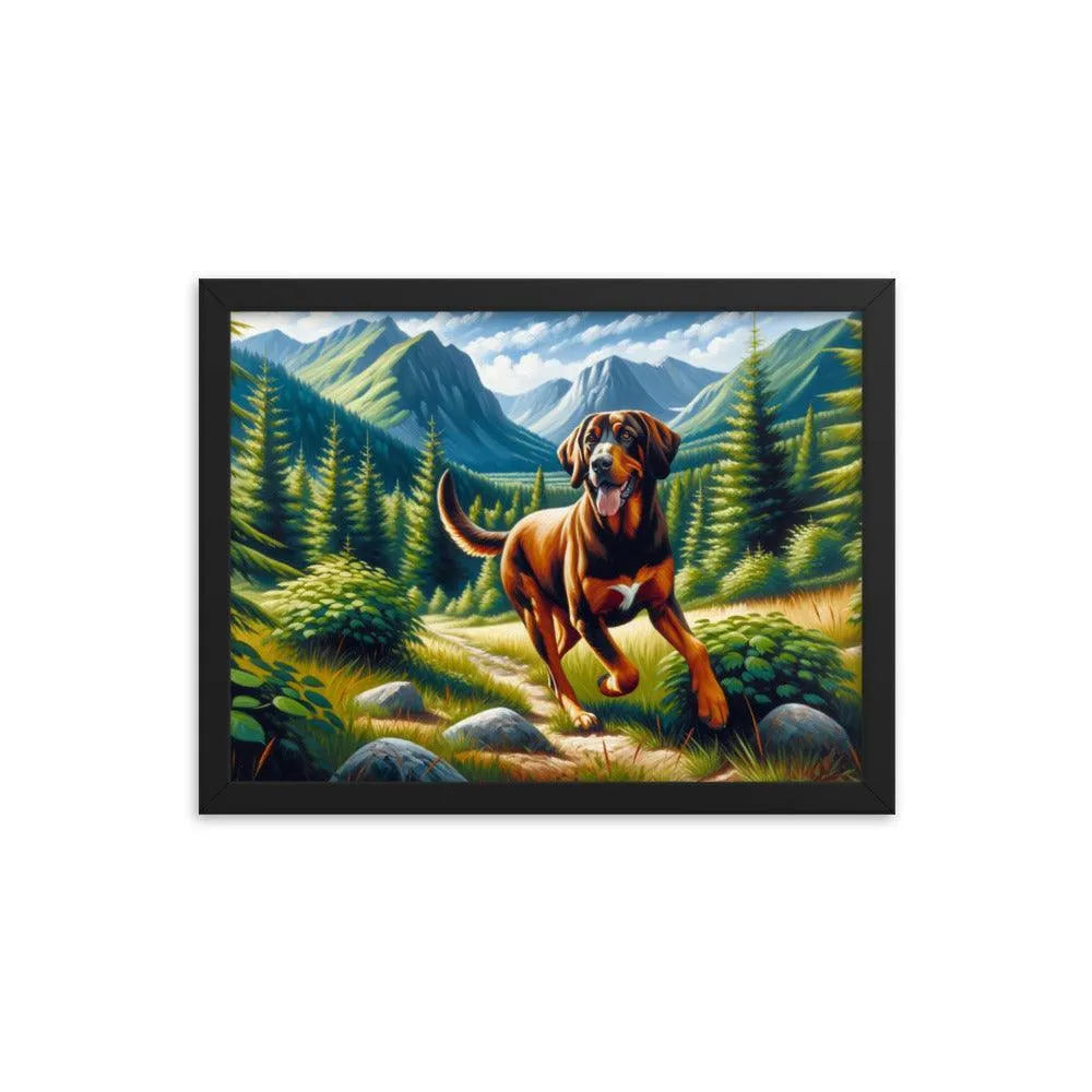 Playful Bavarian Mountain Hound in Mountain Forest Painting Framed Poster - Oh Posters