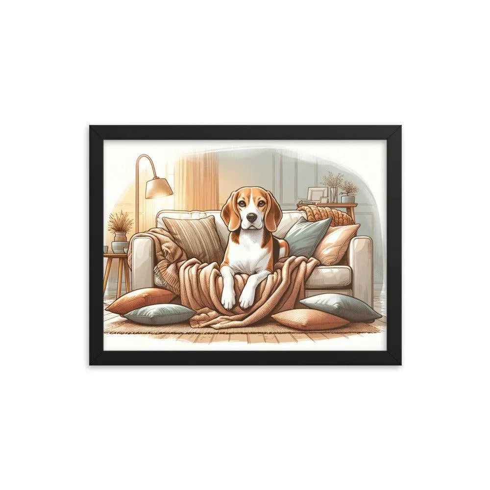 Cozy Beagle on the Couch Home Illustration Framed Poster - Oh Posters