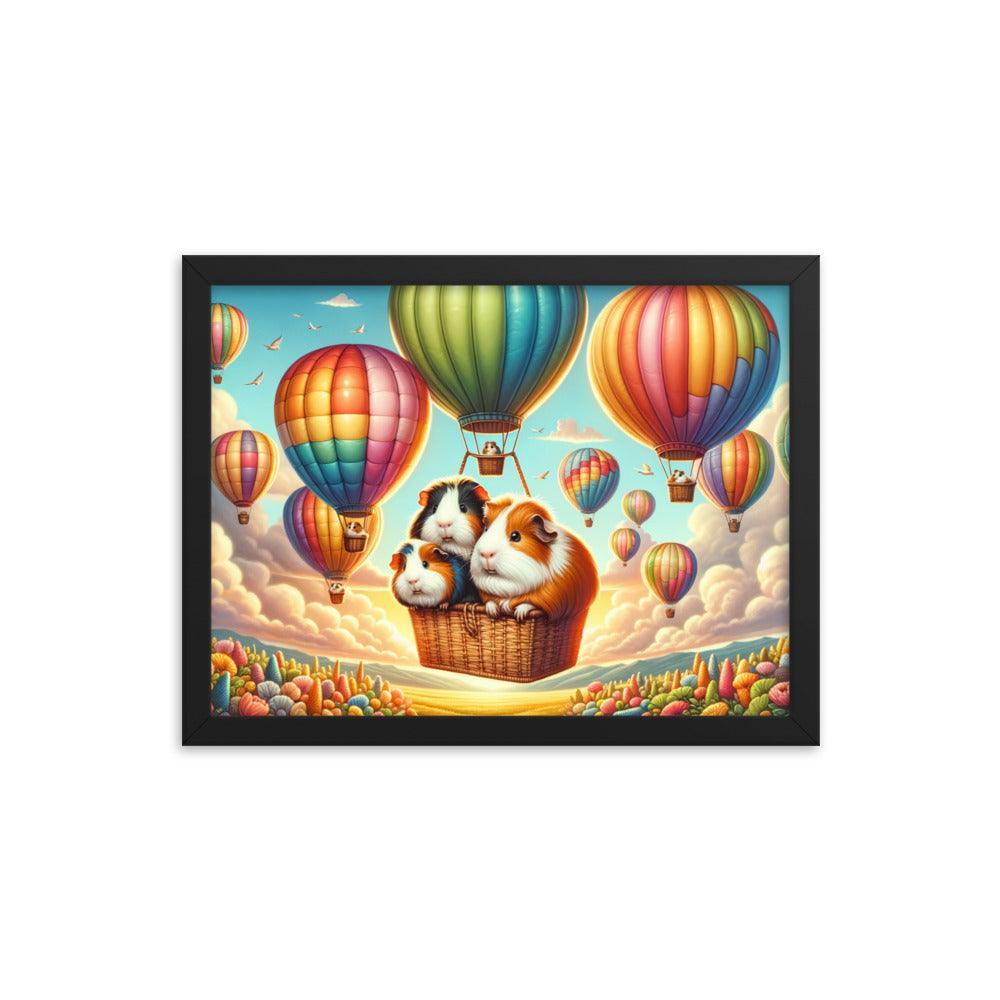 Guinea Pigs Soaring in Colorful Hot Air Balloons Illustration Framed Poster - Oh Posters