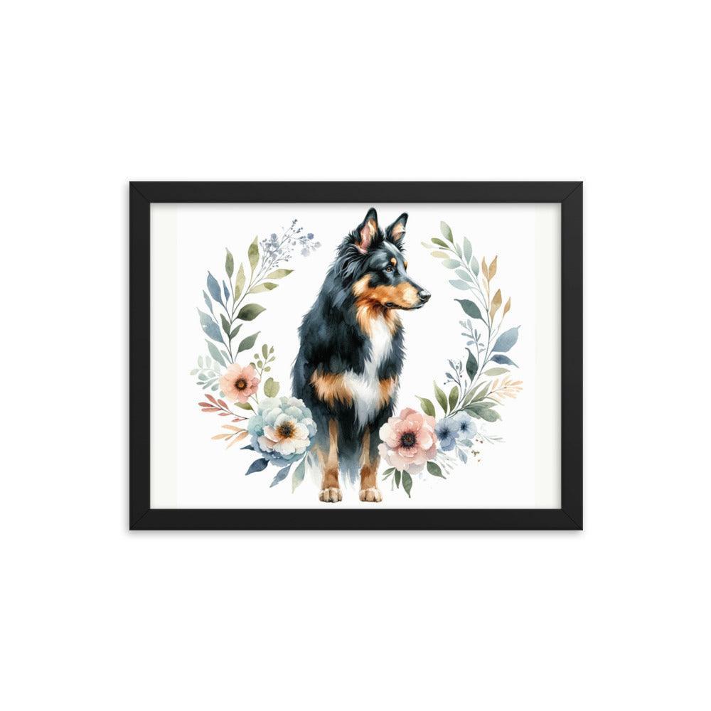 Elegant Beauceron Dog Poise with Soft Pastel Floral Watercolor Design Framed Poster - Oh Posters