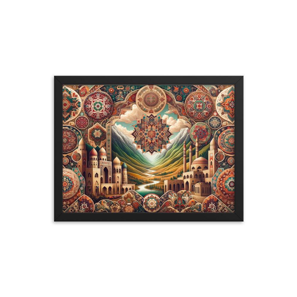 Captivating Azerbaijani Art Essence: Traditional Carpet Designs, Folkloric Symbols & Scenic Landscape Background Framed Poster - Oh Posters