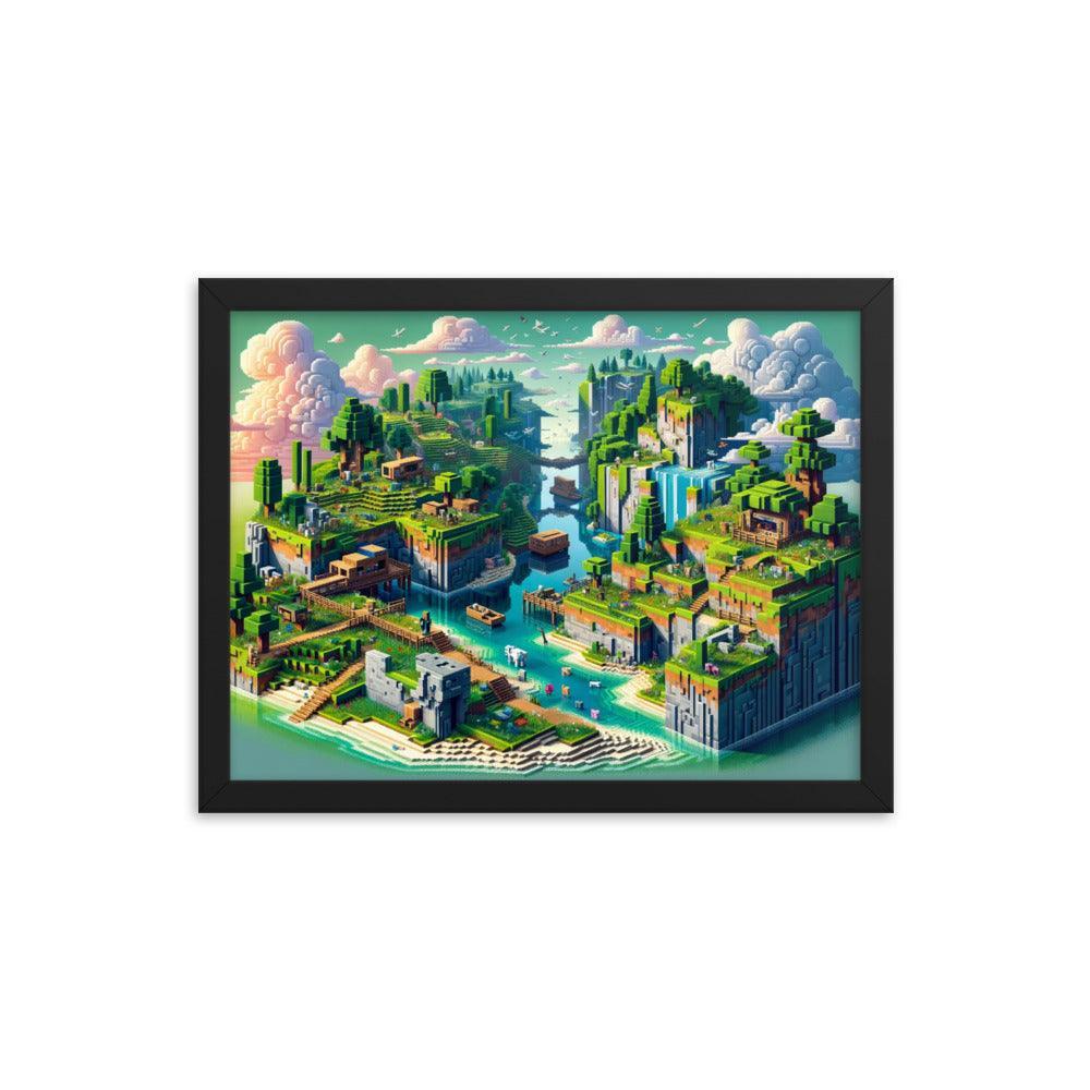 Minecraft Inspired Vibrant Block Landscape Digital Art Framed Poster - Oh Posters