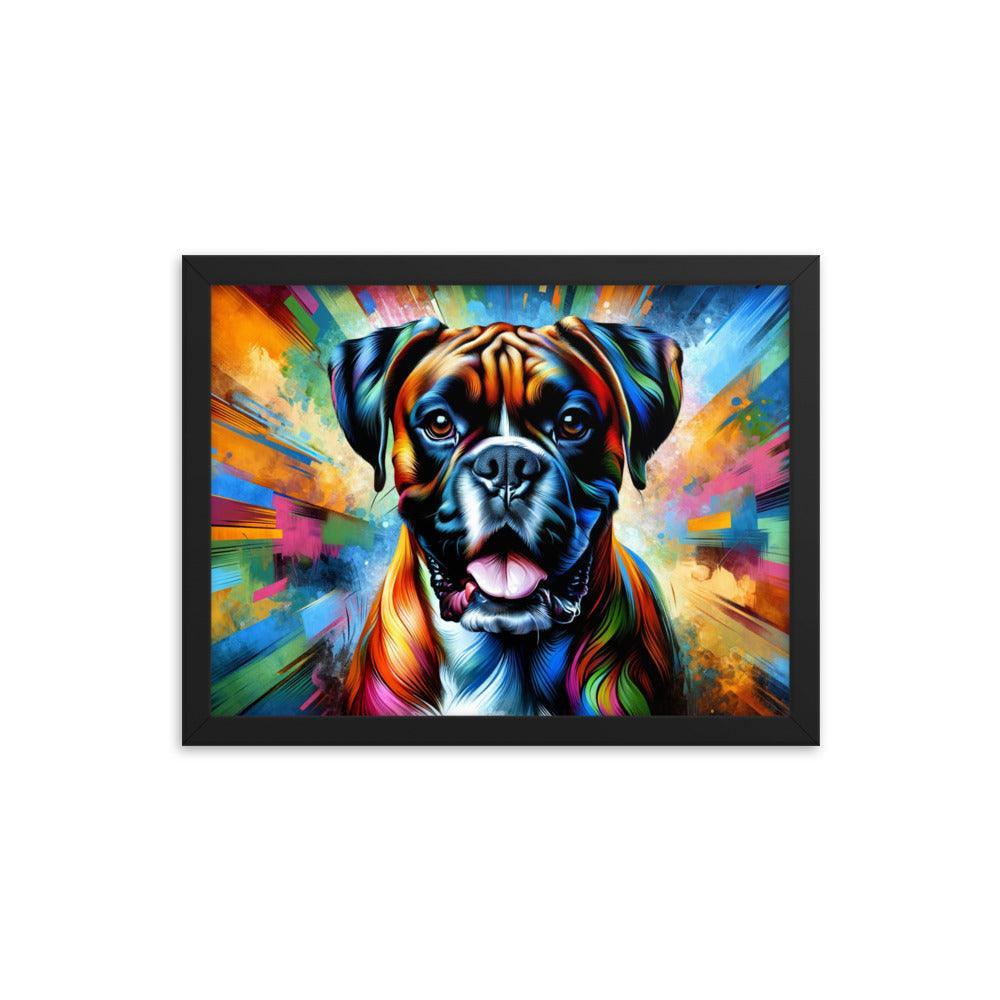 Vibrant Boxer Dog Energy in Colorful Abstract Art with Dynamic Pose Framed Poster - Oh Posters