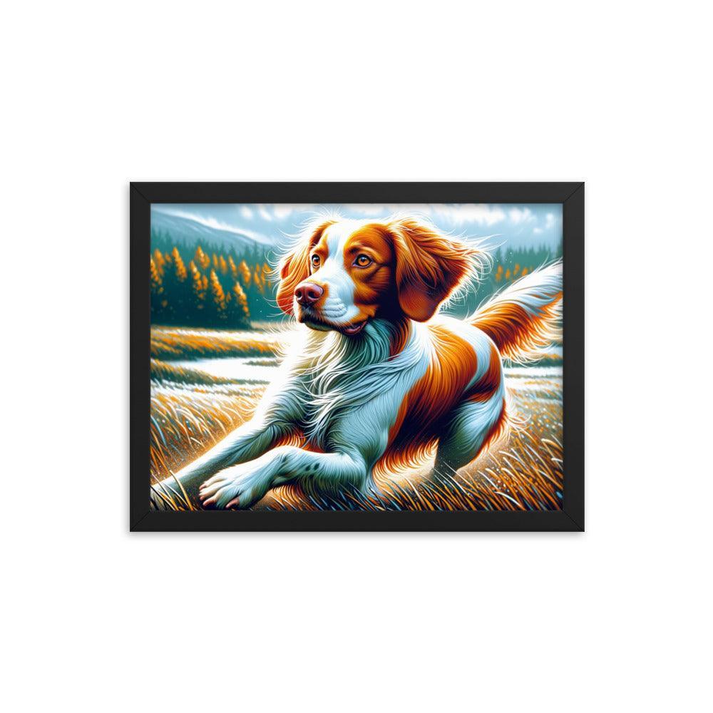 Brittany Dog in Nature Dynamic Pose with Vibrant Outdoor Scene Framed Poster - Oh Posters