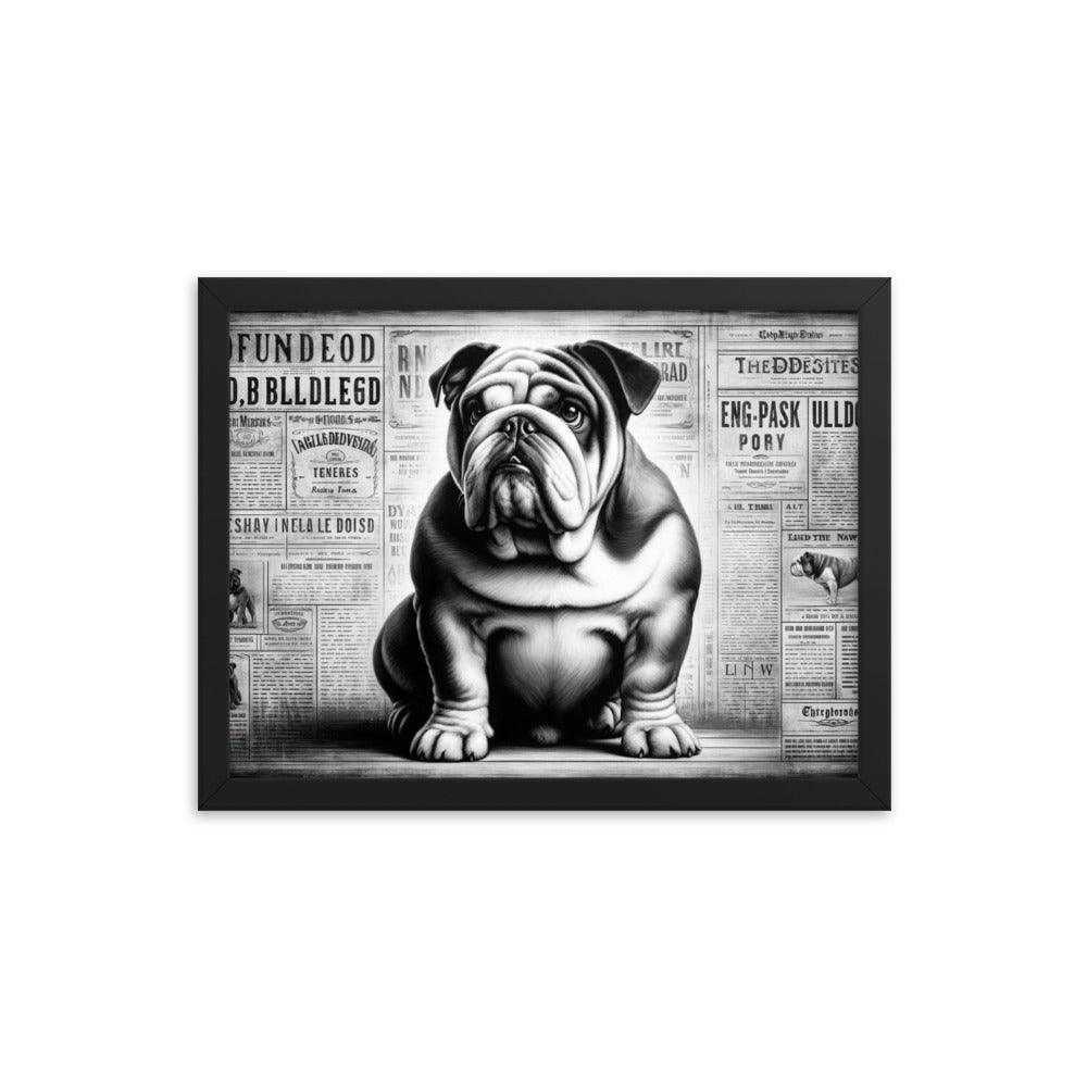 English Bulldog in Vintage Newspaper Style with Monochromatic Theme Art Framed Poster - Oh Posters