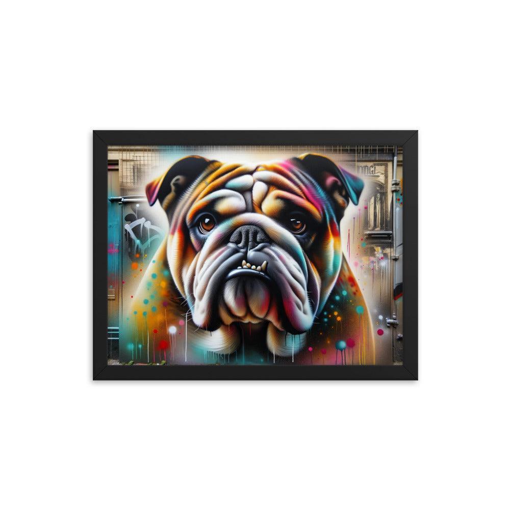 English Bulldog Graffiti Art with Vibrant Spray Paint and Urban Background Framed Poster - Oh Posters