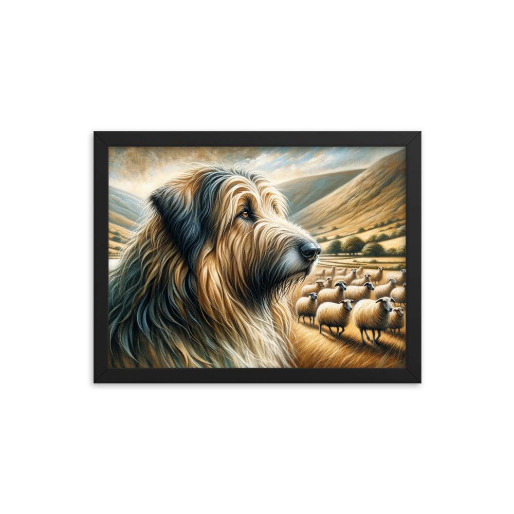 Catalan Sheepdog in Pastoral Setting with Flock and Rolling Hills Framed Poster - Oh Posters