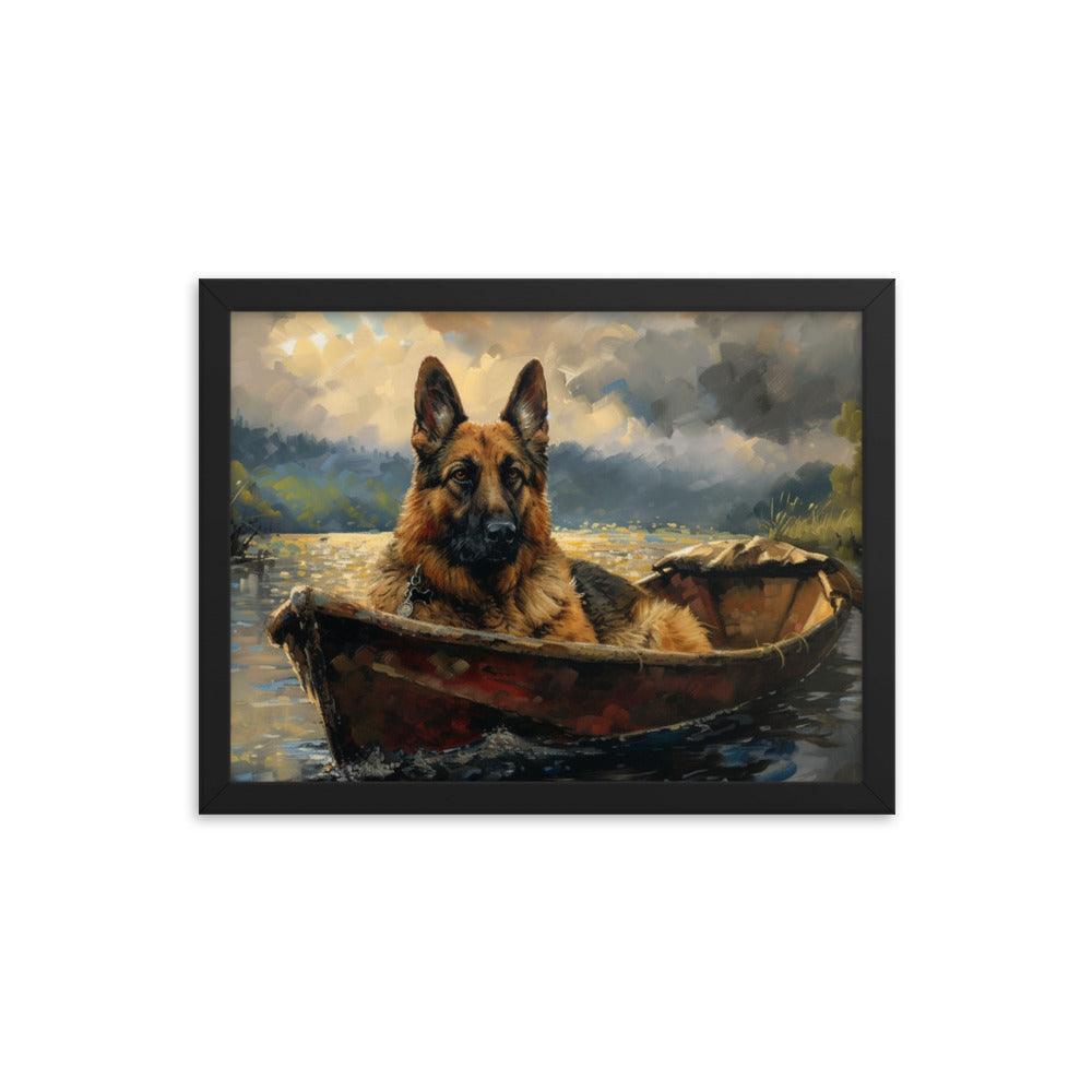 German Shepherd in Boat River Landscape Framed Poster - Oh Posters