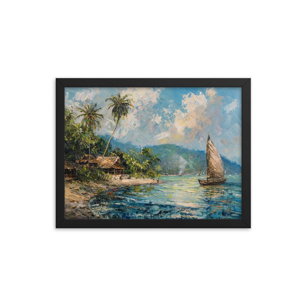 Comoros Beachside Hut and Sailboat Tropical Scene Framed Poster - Oh Posters