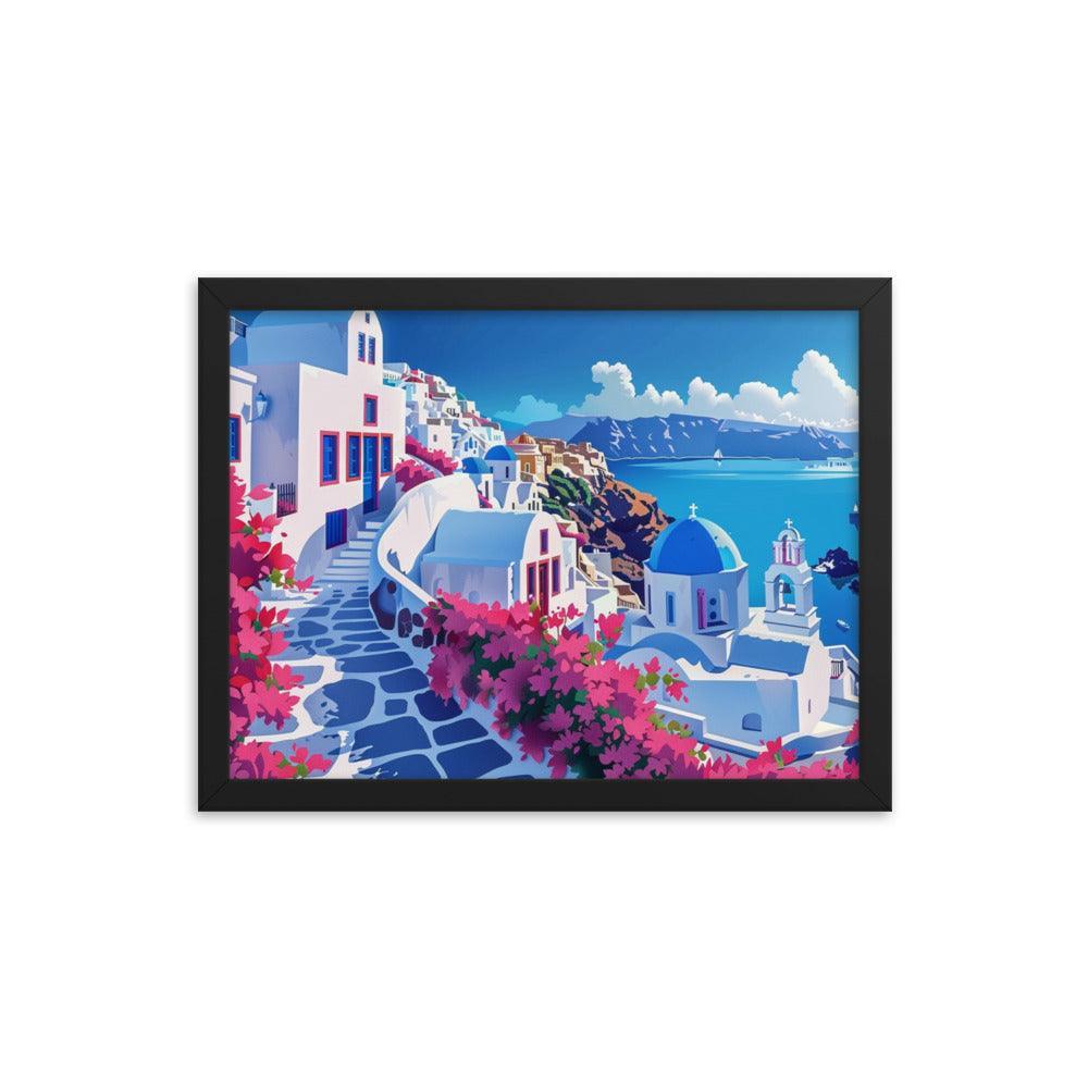 Greece Santorini Vibrant Floral Pathway Framed Poster - Oh Posters