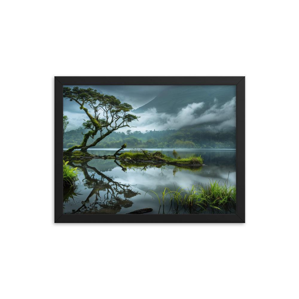 Indonesia Serene Lake Misty Mountains Framed Poster - Oh Posters