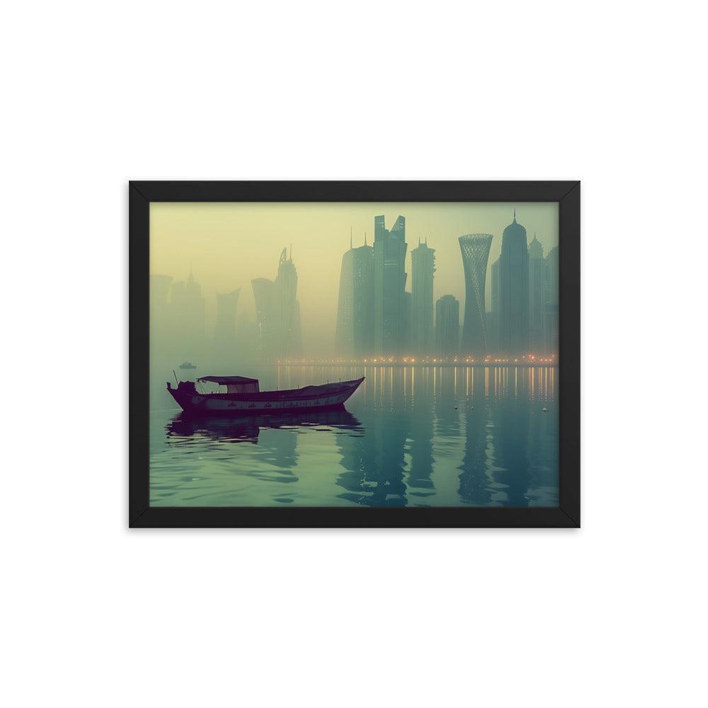 Qatar Foggy City Skyline Reflective Water Framed Poster - Oh Posters