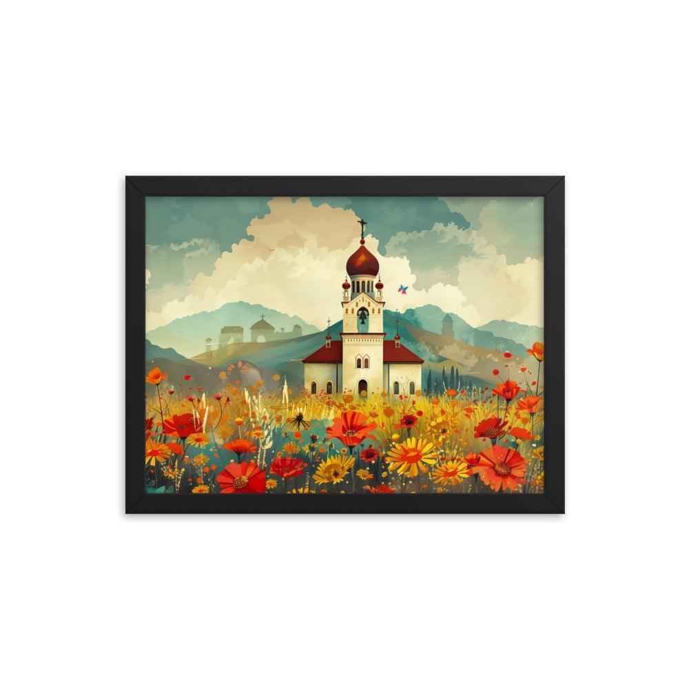 Romania Mountain Church Field of Flowers Framed Poster - Oh Posters