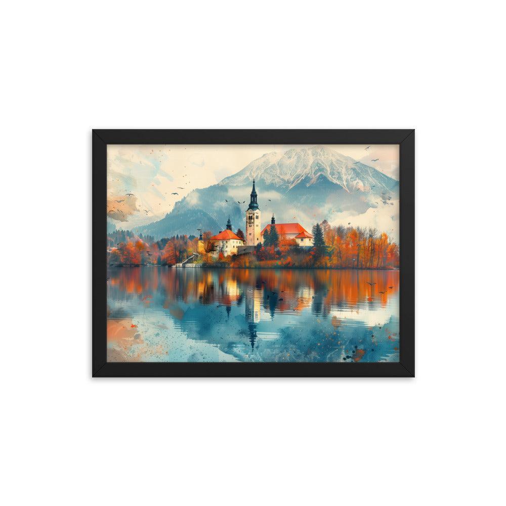 Slovenia Autumn Lakeside Church Reflection Framed Poster - Oh Posters