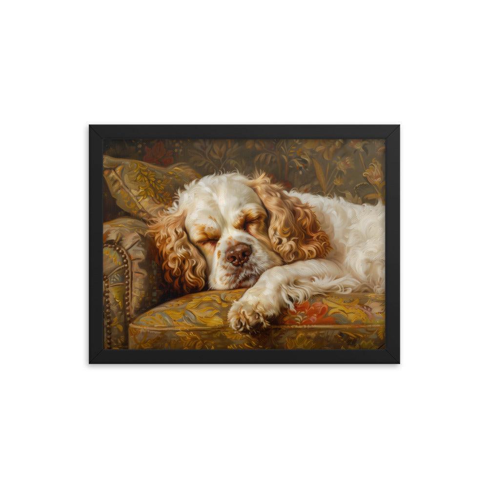 Clumber Spaniel Sleeping on Floral Sofa Painting Framed Poster - Oh Posters