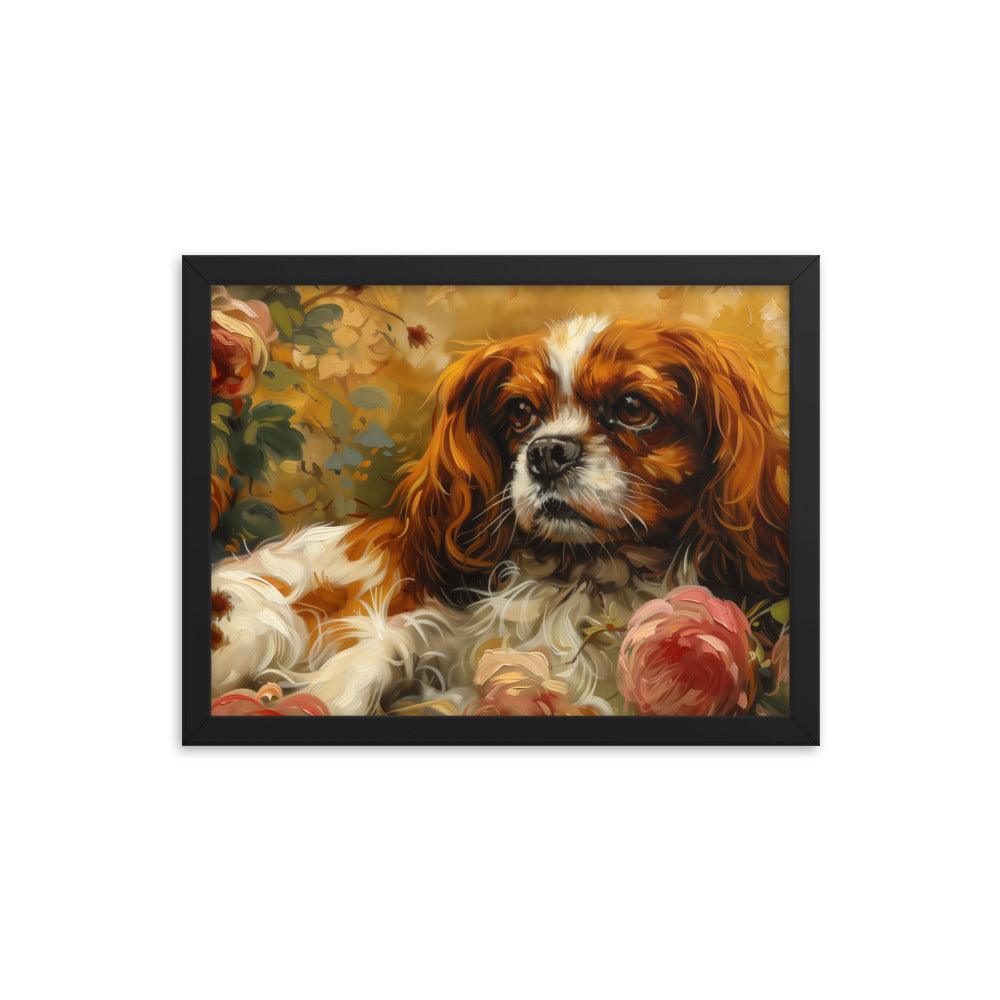 English Toy Spaniel Lying Among Roses Painting Framed Poster - Oh Posters