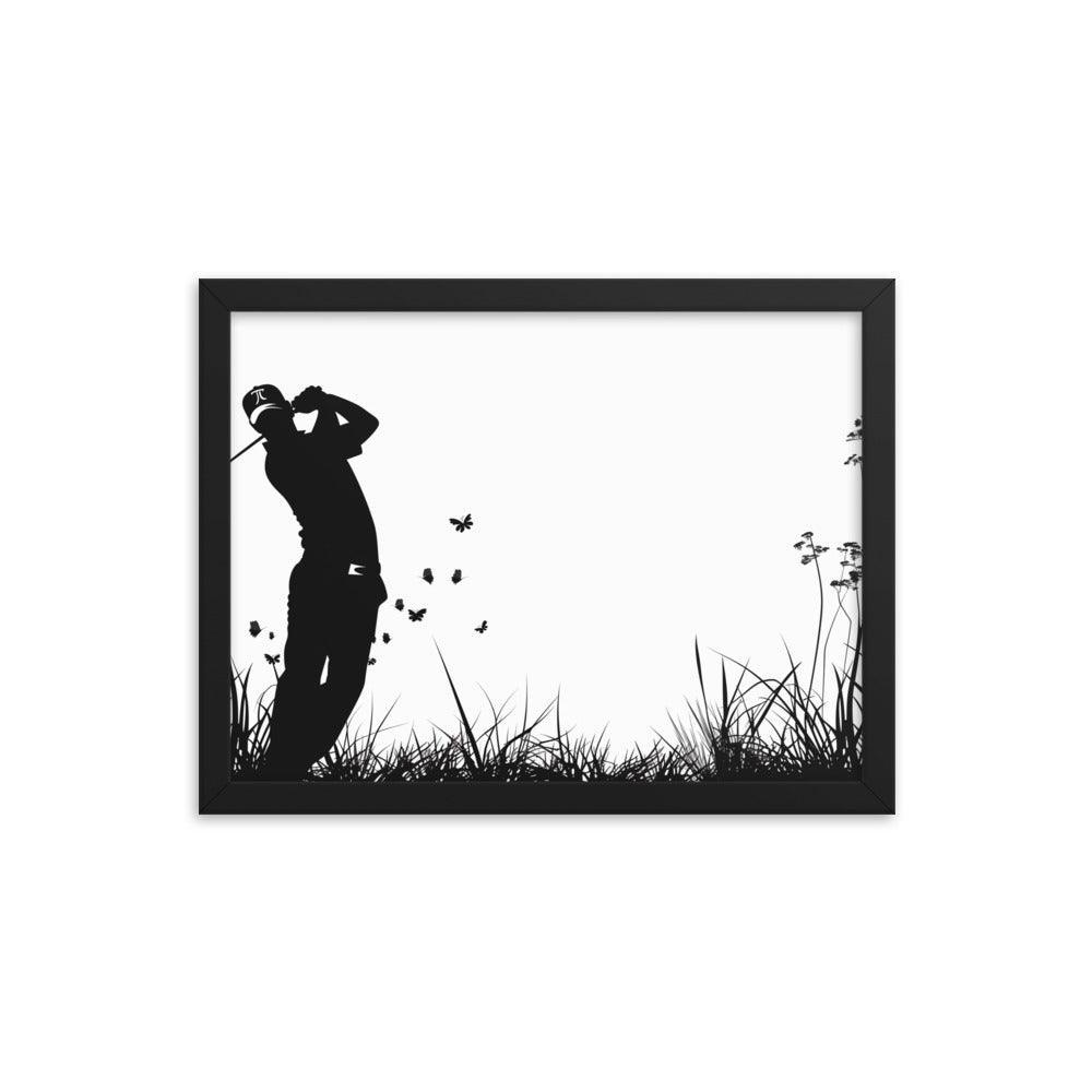 Golfer Silhouette Swinging Action Black and White Art Framed Poster - Oh Posters