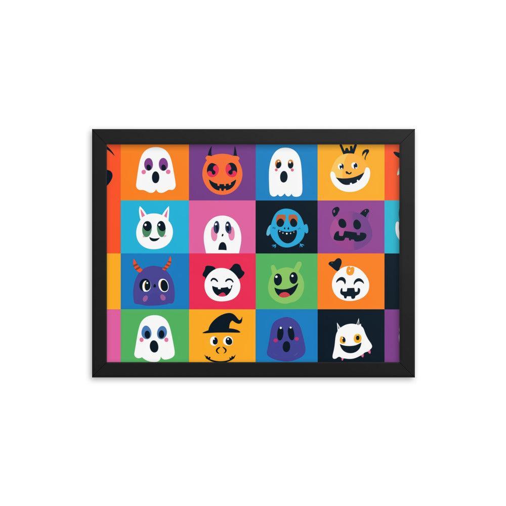 Cheerful Halloween Ghosts and Pumpkins Cartoon Faces Framed Poster - Oh Posters