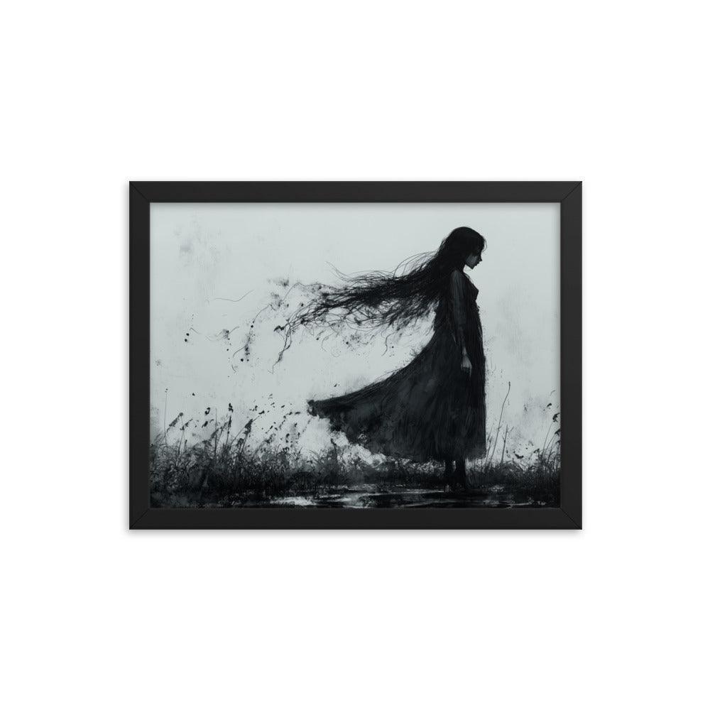 Dark Silhouette Woman in Gloomy Field Ink Illustration Framed Poster - Oh Posters