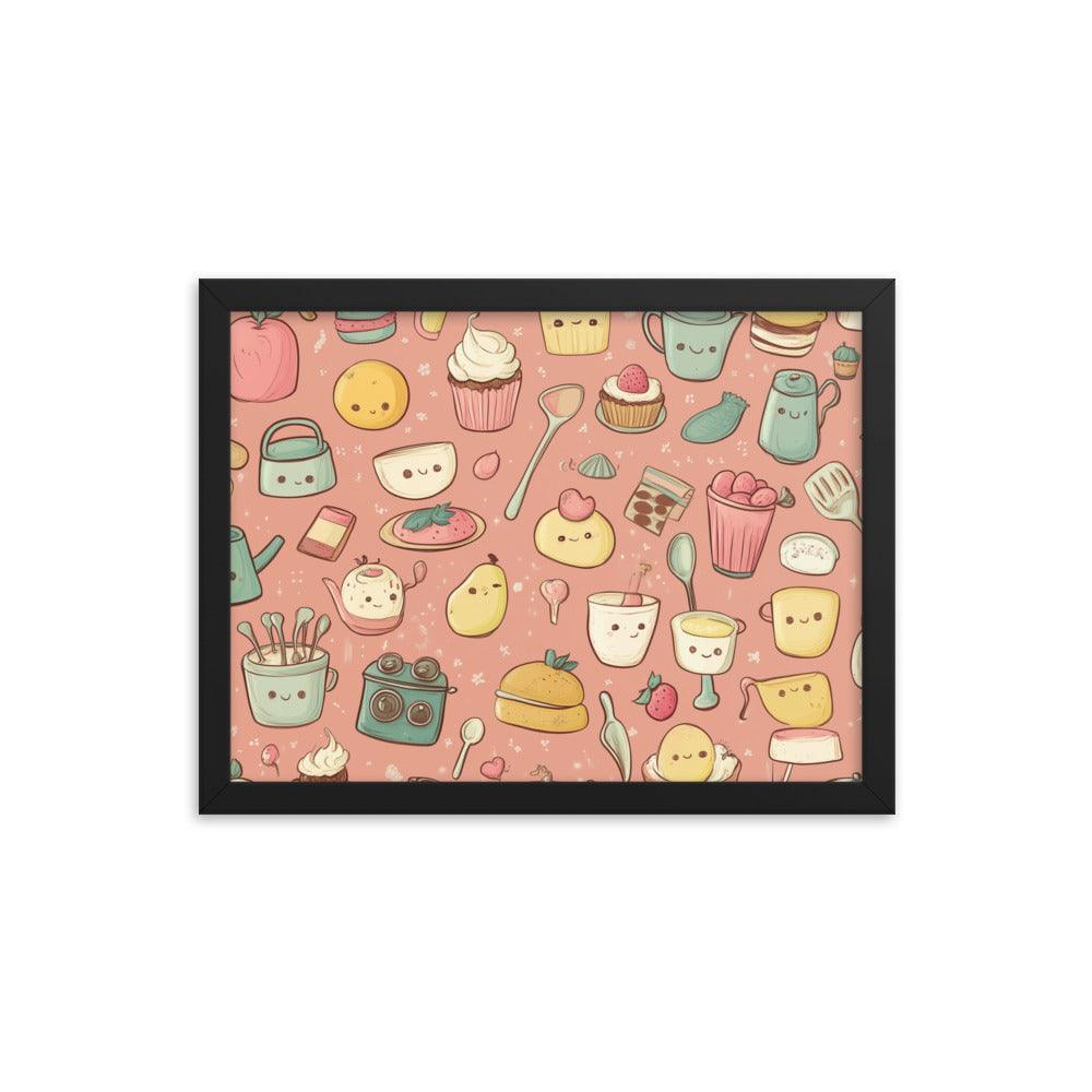 Kawaii Food and Kitchen Utensils Cute Doodle Pattern Framed Poster - Oh Posters