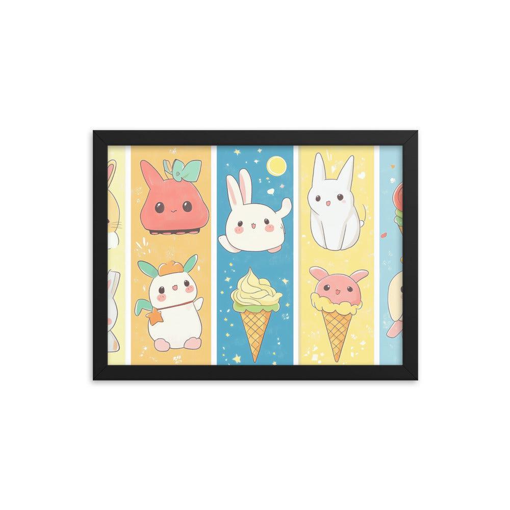 Kawaii Bunnies and Ice Cream Cute Character Strip Digital Art Framed Poster - Oh Posters