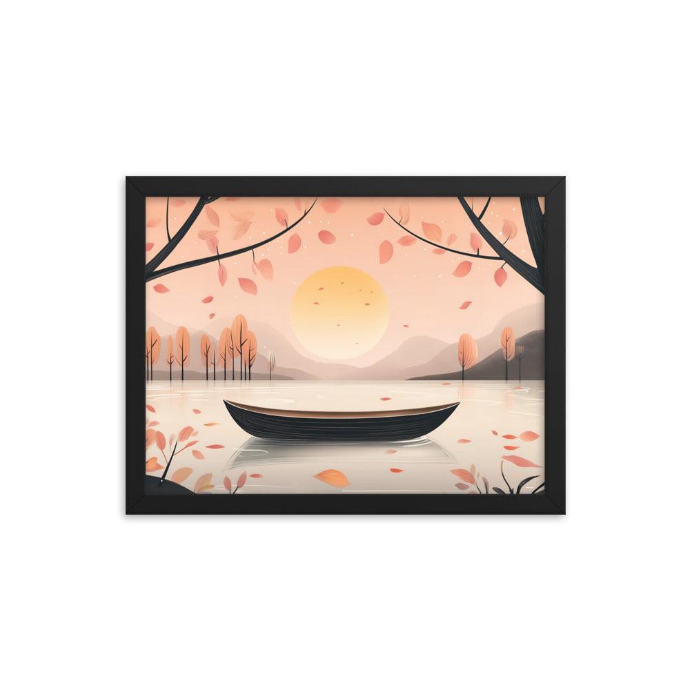 Peaceful Autumn Lake Scene with Soft Sunset and Falling Leaves Framed Poster - Oh Posters