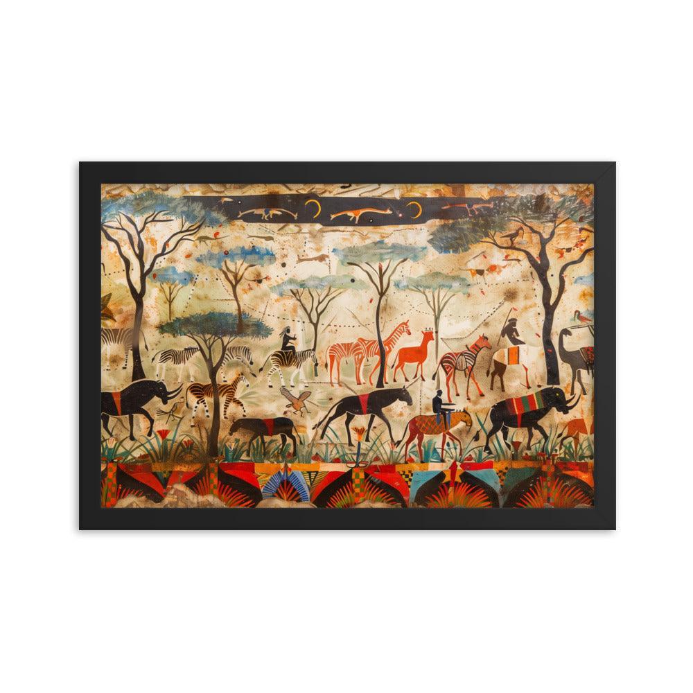 Kenya Wildlife and Tribal Art Illustration Framed Poster - Oh Posters