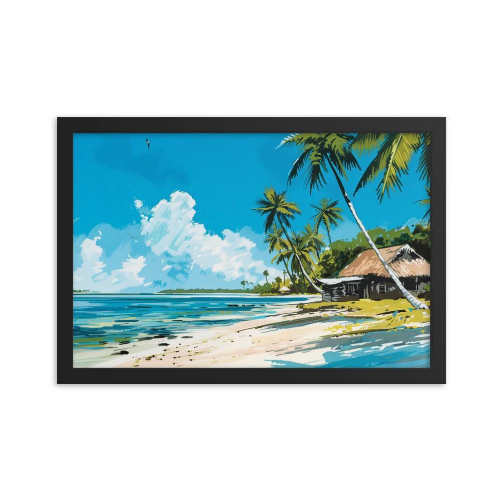 Kiribati Tropical Beach Hut Illustration Framed Poster - Oh Posters