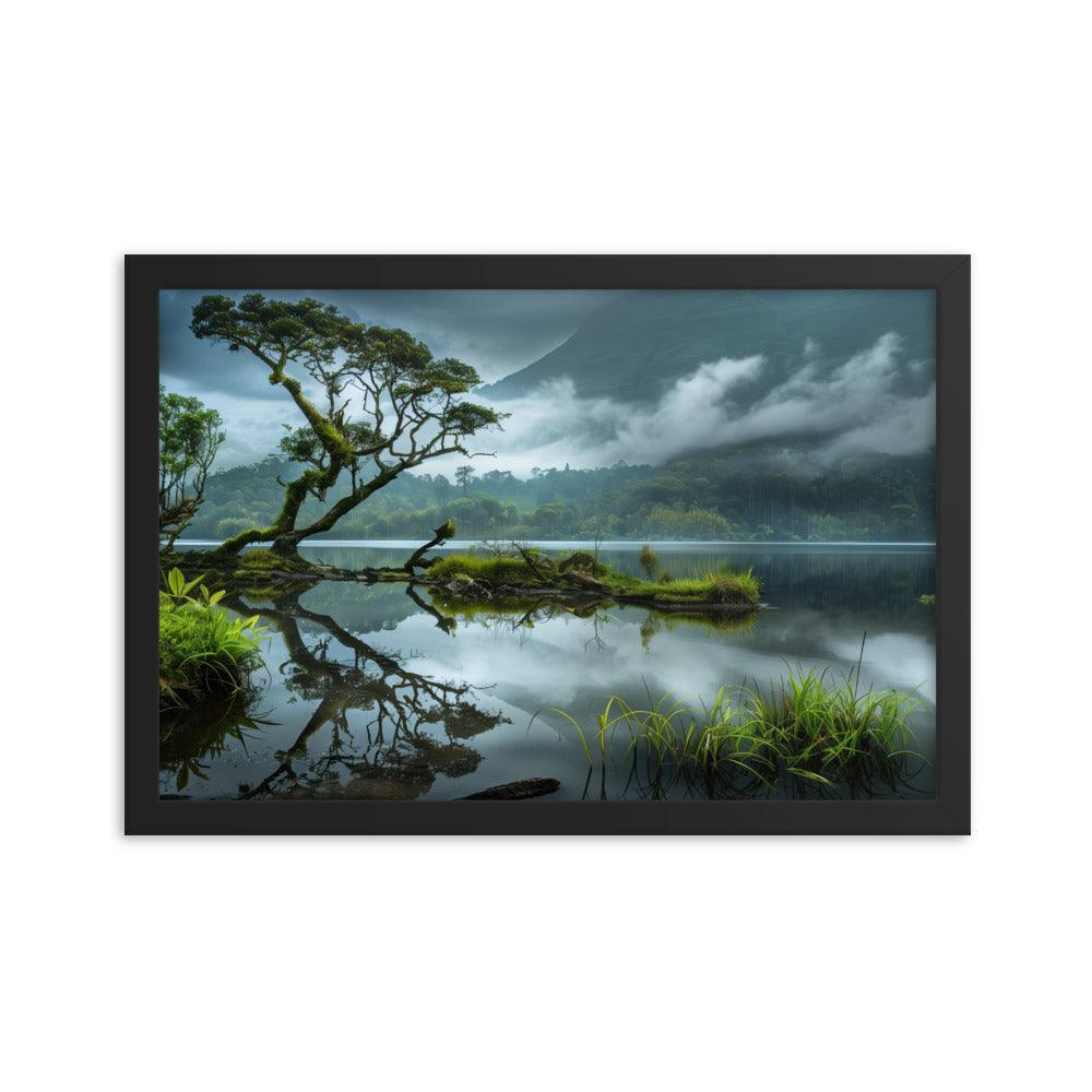 Indonesia Serene Lake Misty Mountains Framed Poster - Oh Posters