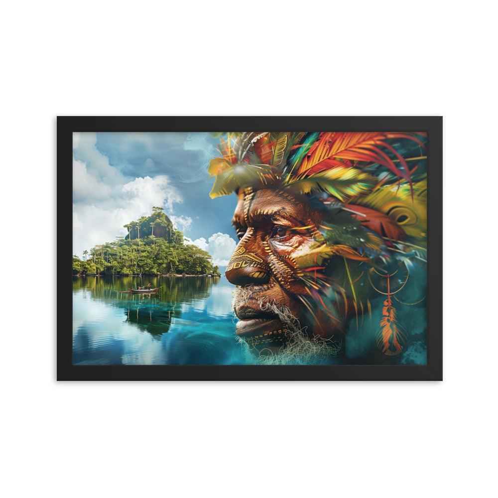 Papua New Guinea Indigenous Portrait and Island Landscape Framed Poster - Oh Posters