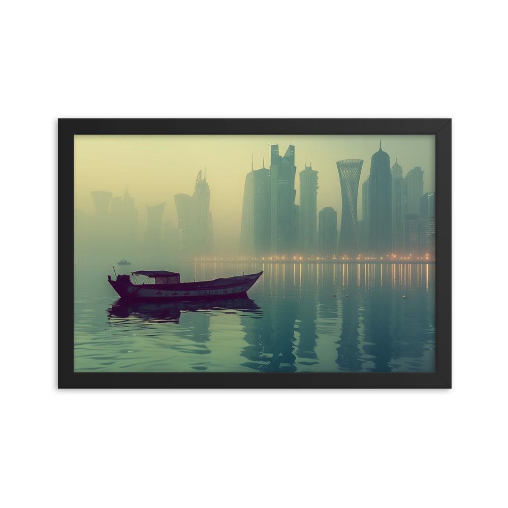 Qatar Foggy City Skyline Reflective Water Framed Poster - Oh Posters