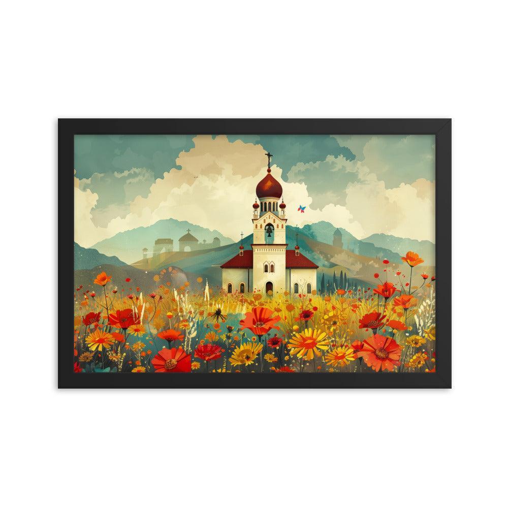 Romania Mountain Church Field of Flowers Framed Poster - Oh Posters