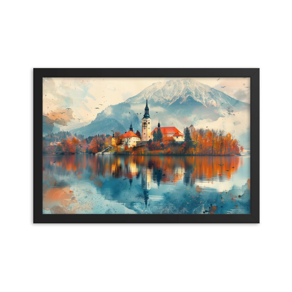 Slovenia Autumn Lakeside Church Reflection Framed Poster - Oh Posters