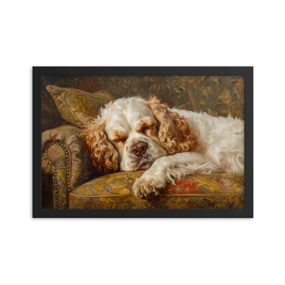 Clumber Spaniel Sleeping on Floral Sofa Painting Framed Poster - Oh Posters