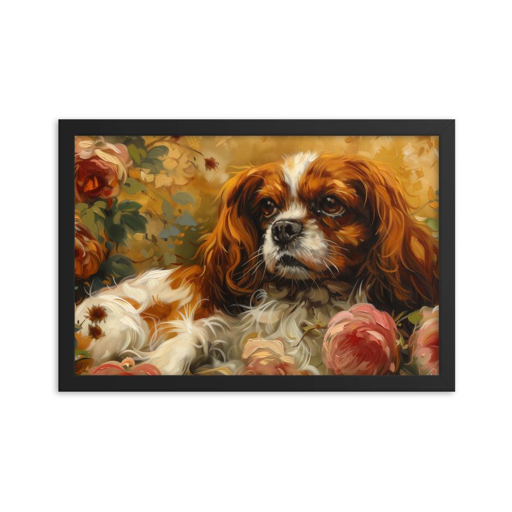 English Toy Spaniel Lying Among Roses Painting Framed Poster - Oh Posters