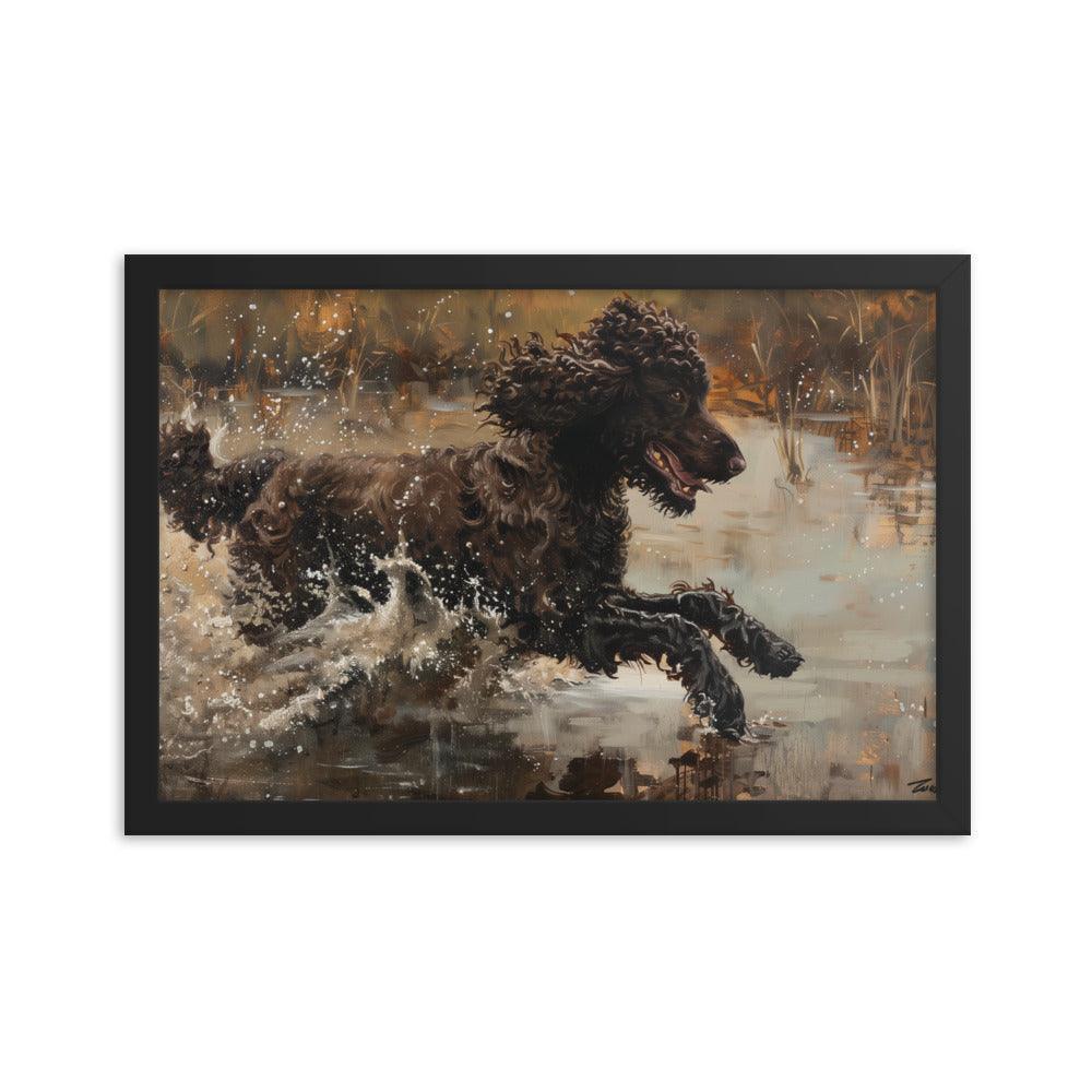 Irish Water Spaniel Splashing in Lake Art Framed Poster - Oh Posters