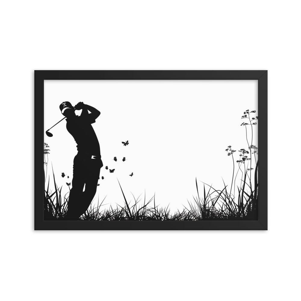 Golfer Silhouette Swinging Action Black and White Art Framed Poster - Oh Posters