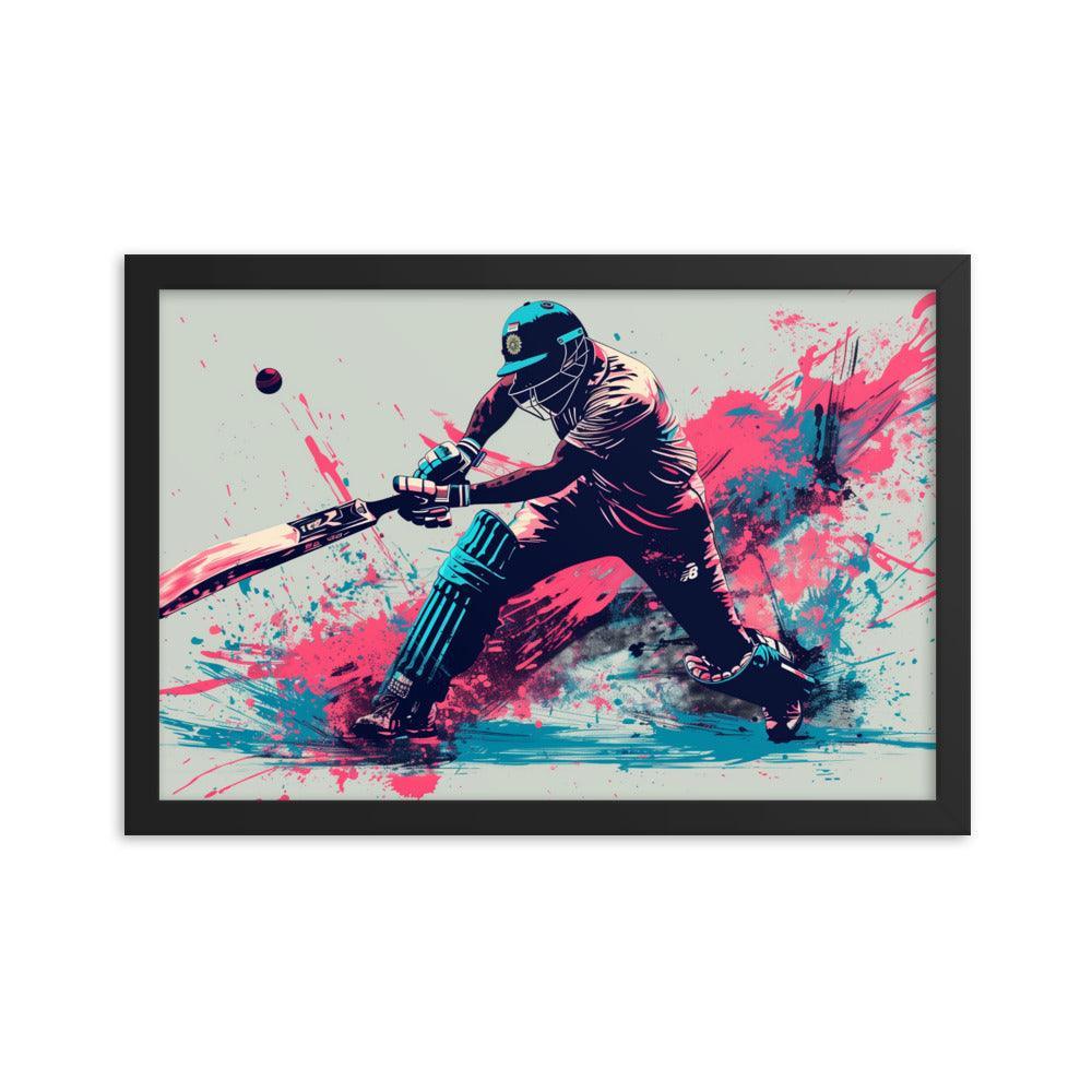 Cricket Player Dynamic Batting Action Abstract Art Framed Poster - Oh Posters