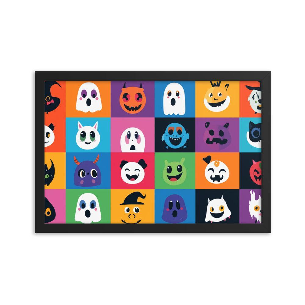 Cheerful Halloween Ghosts and Pumpkins Cartoon Faces Framed Poster - Oh Posters