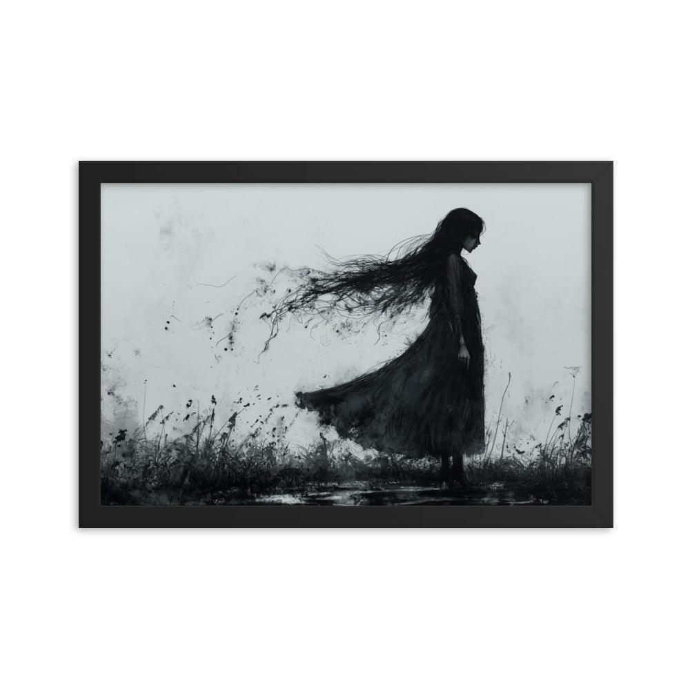 Dark Silhouette Woman in Gloomy Field Ink Illustration Framed Poster - Oh Posters