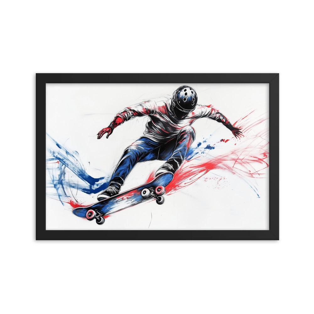 High-Energy Skateboarder with Helmet Abstract Sketch Framed Poster - Oh Posters