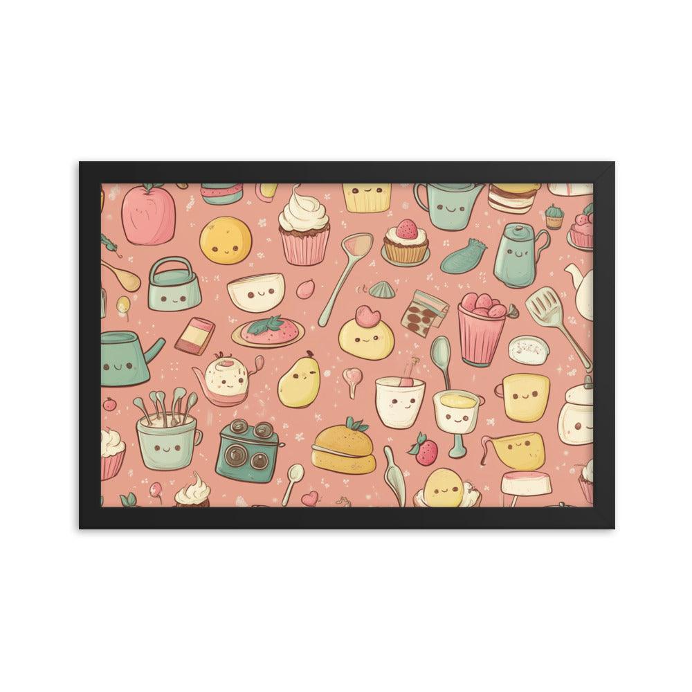 Kawaii Food and Kitchen Utensils Cute Doodle Pattern Framed Poster - Oh Posters