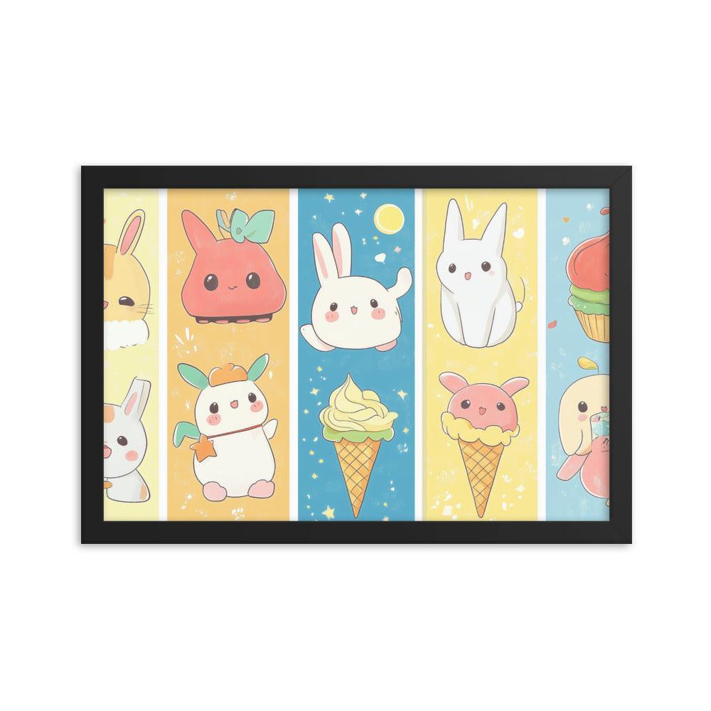 Kawaii Bunnies and Ice Cream Cute Character Strip Digital Art Framed Poster - Oh Posters