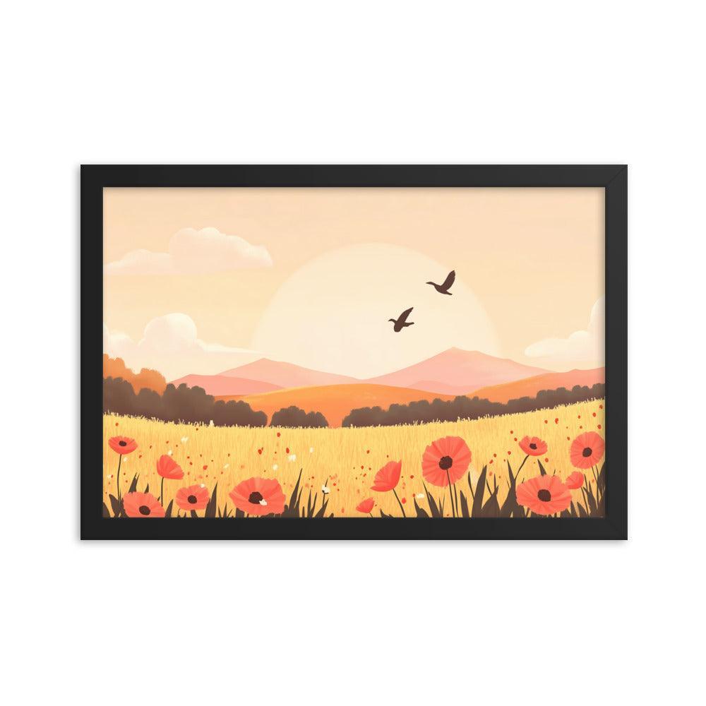 Sunset Field with Poppies and Birds in Pastel Landscape Framed Poster - Oh Posters