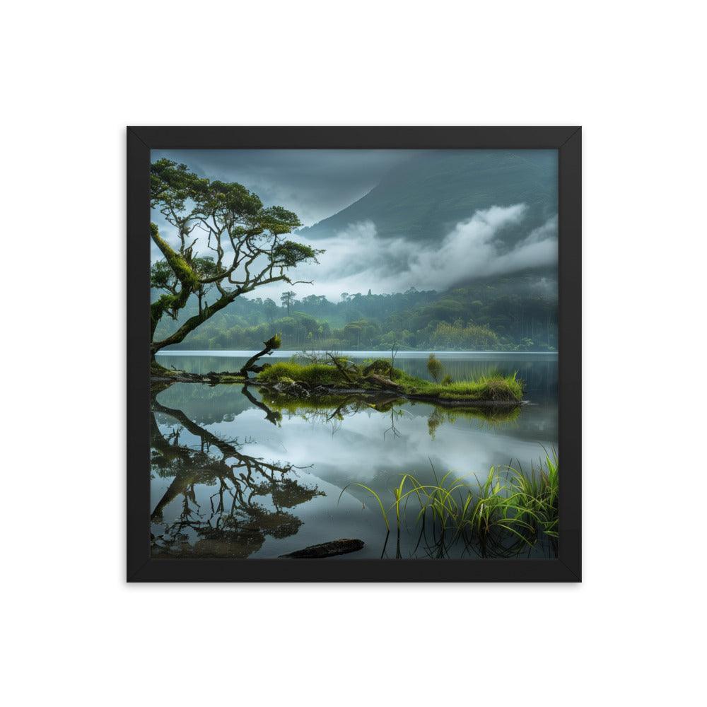 Indonesia Serene Lake Misty Mountains Framed Poster - Oh Posters